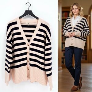 Entro Nautical Knit Cream Black Stripe Cardigan Small